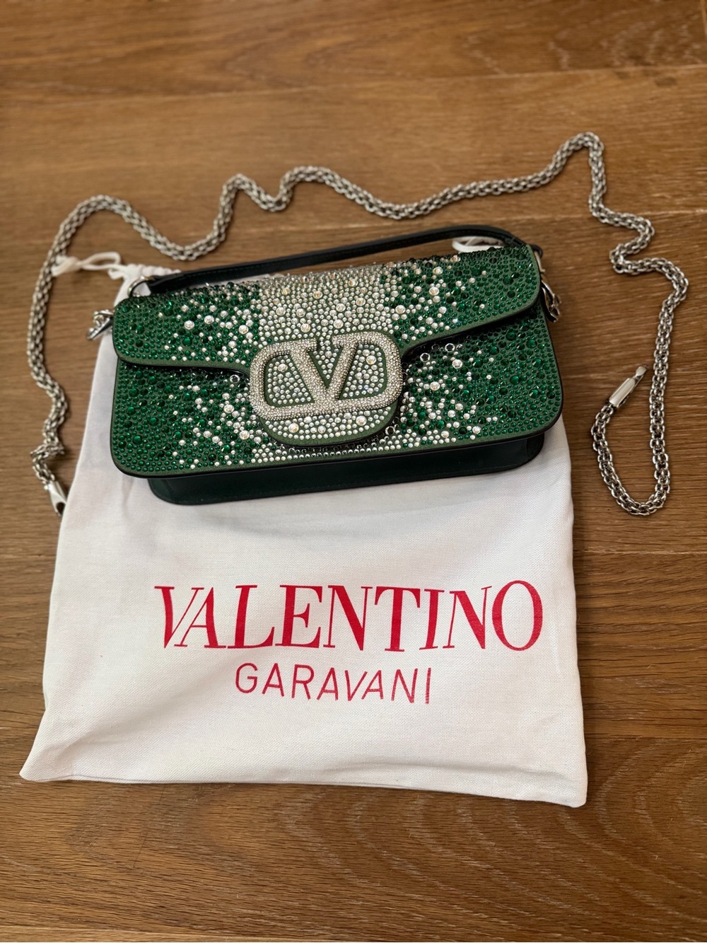 Valentino Garavani Green Crystal VLogo Crossbody Bag